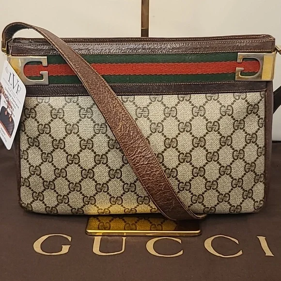 GUCCI VINTAGE 1970'S WEB SHERRY LINE COATED CANVAS/LEATHER SHOULDER BAG- RARE - Picture 5 of 17